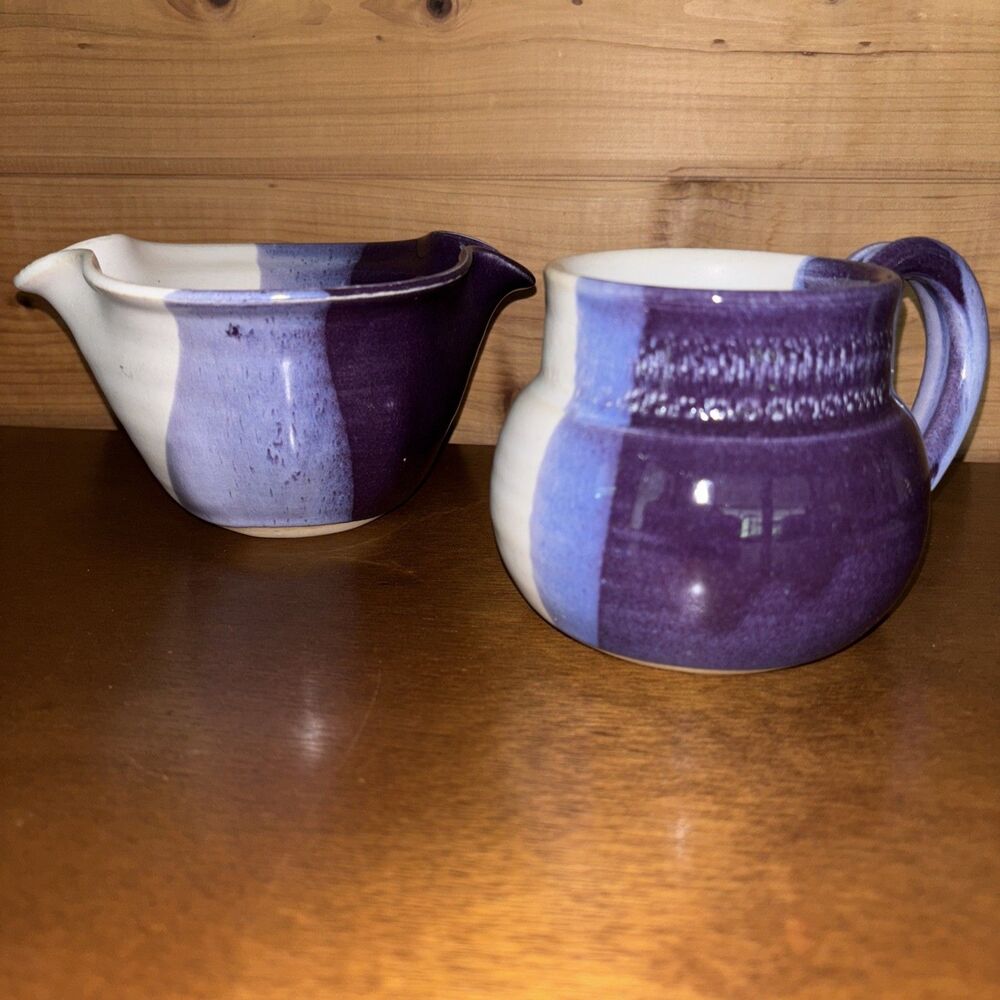 Pottery Mug & Bowl Hand Crafted Artisan Handmade Signed Purple Art Handcrafted
